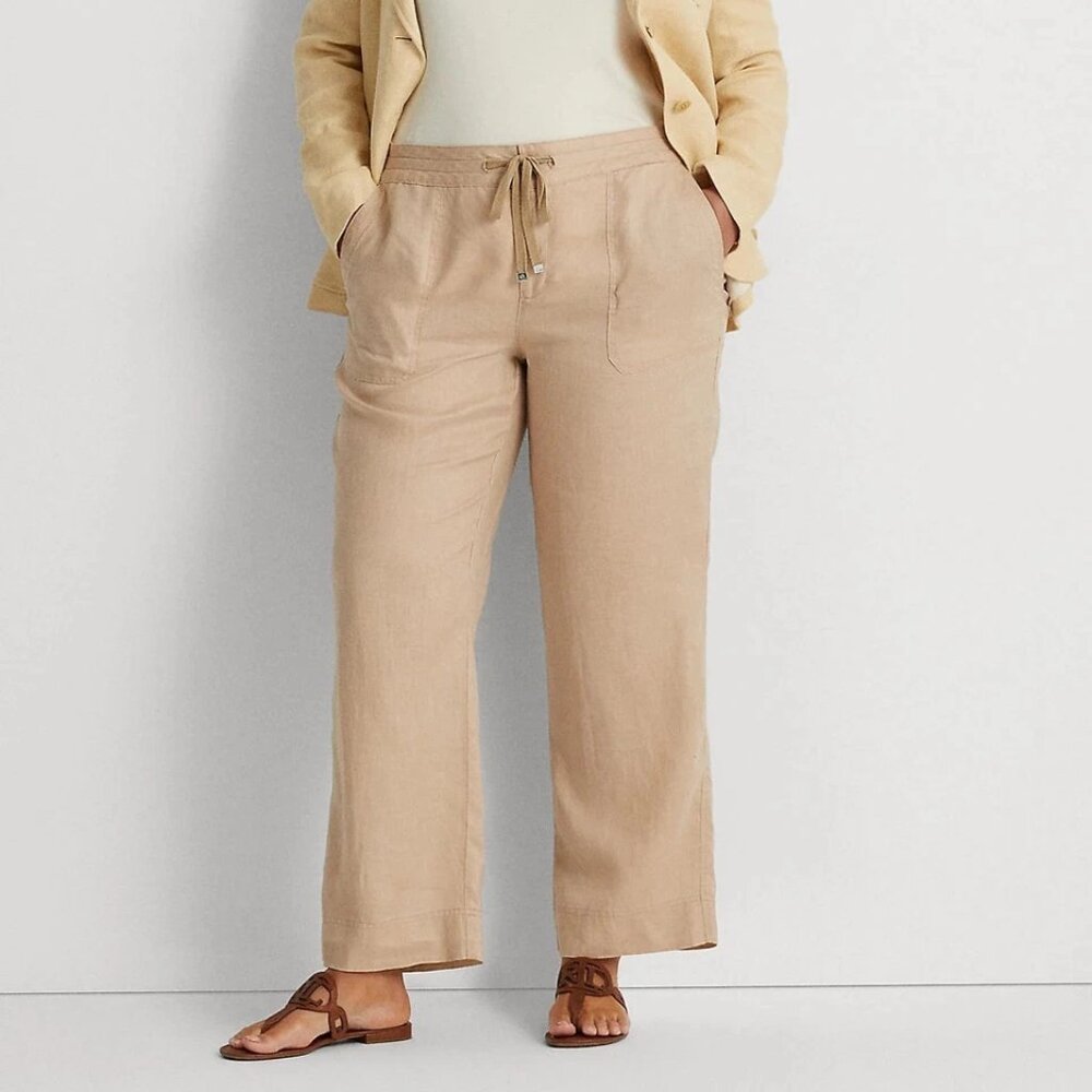 Lauren Ralph Lauren Woman Wide Leg Linen Pants 14W Birch Tan NWT